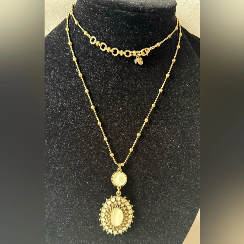 Lucky Brand Gold Tone and Cream Beaded Necklace Long Pendant